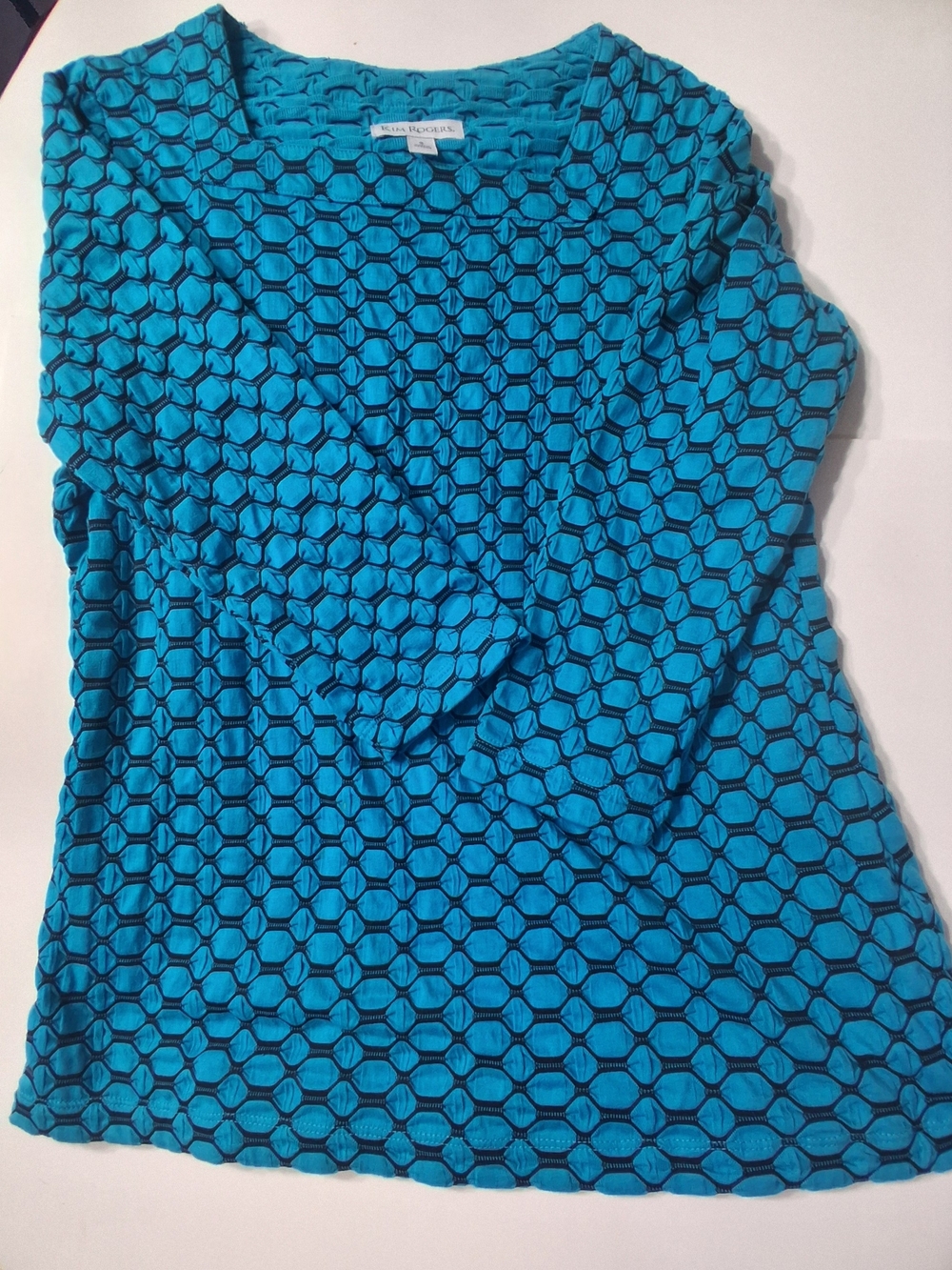 Kim Rogers Womens Small Blue Black Geometric Textured 3/4 Sleeve Stretch Top